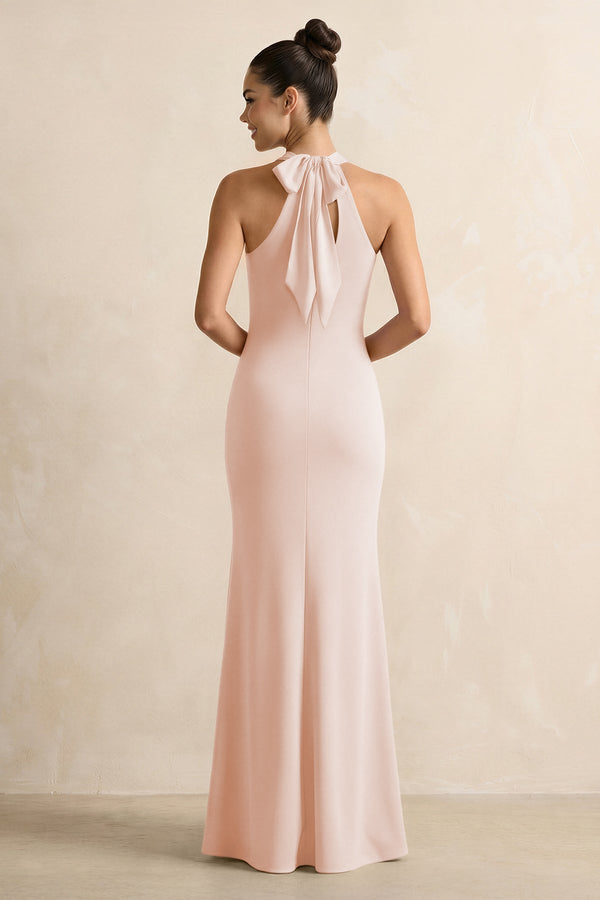 Crisscross Halter Sheath Chiffon Bridesmaid Dress with Bow in Pale Blush - SHE IS ME BRIDESMAID DRESSES