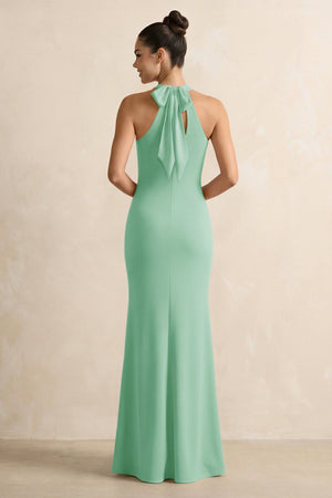 Crisscross Halter Sheath Chiffon Bridesmaid Dress with Bow in Pale Pistachio - SHE IS ME BRIDESMAID DRESSES