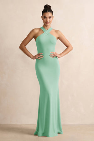 Crisscross Halter Sheath Chiffon Bridesmaid Dress with Bow in Pale Pistachio - SHE IS ME BRIDESMAID DRESSES