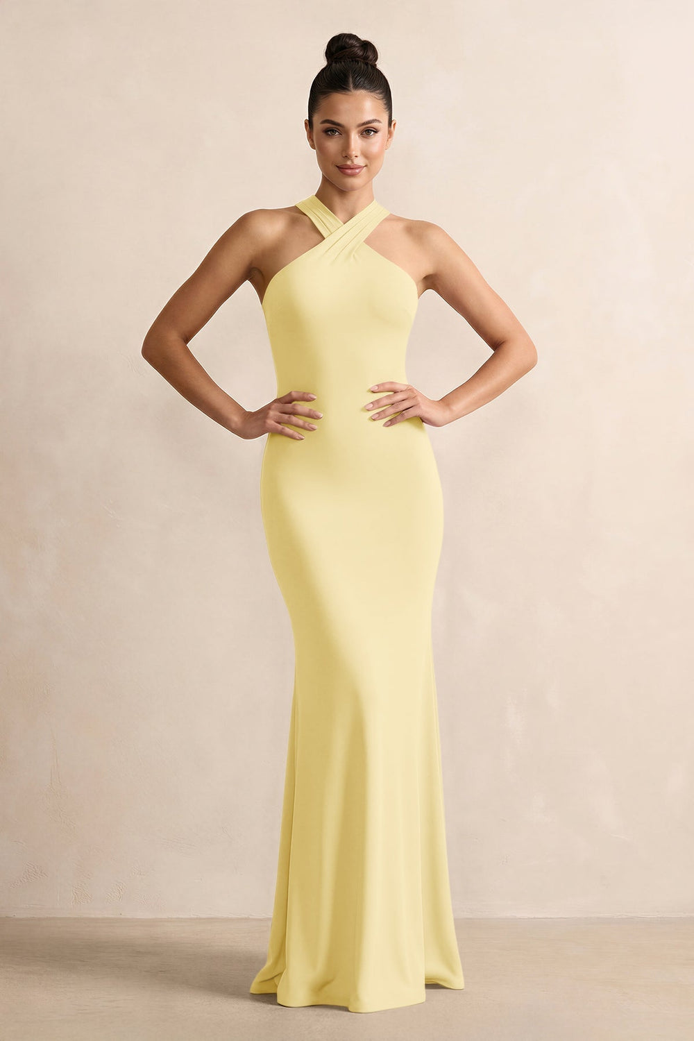 Crisscross Halter Sheath Chiffon Bridesmaid Dress with Bow in Pastel Yellow - KISS BRIDAL BRIDESMAID DRESSES
