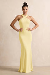 Crisscross Halter Sheath Chiffon Bridesmaid Dress with Bow in Pastel Yellow - KISS BRIDAL BRIDESMAID DRESSES