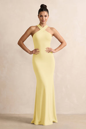 Crisscross Halter Sheath Chiffon Bridesmaid Dress with Bow in Pastel Yellow - SHE IS ME BRIDESMAID DRESSES
