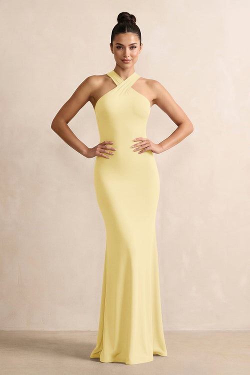 Crisscross Halter Sheath Chiffon Bridesmaid Dress with Bow in Pastel Yellow - SHE IS ME BRIDESMAID DRESSES