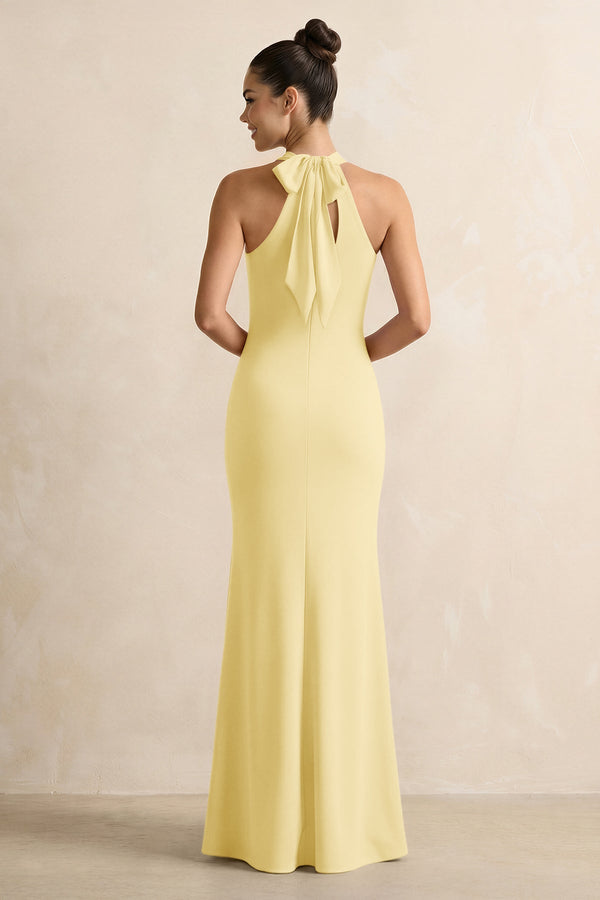Crisscross Halter Sheath Chiffon Bridesmaid Dress with Bow in Pastel Yellow - SHE IS ME BRIDESMAID DRESSES