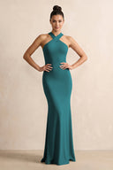 Crisscross Halter Sheath Chiffon Bridesmaid Dress with Bow in Pine - SHE IS ME BRIDESMAID DRESSES