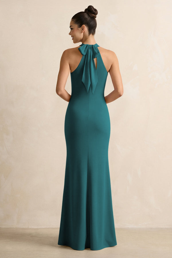 Crisscross Halter Sheath Chiffon Bridesmaid Dress with Bow in Pine - SHE IS ME BRIDESMAID DRESSES