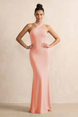 Crisscross Halter Sheath Chiffon Bridesmaid Dress with Bow in Rose Petal - SHE IS ME BRIDESMAID DRESSES