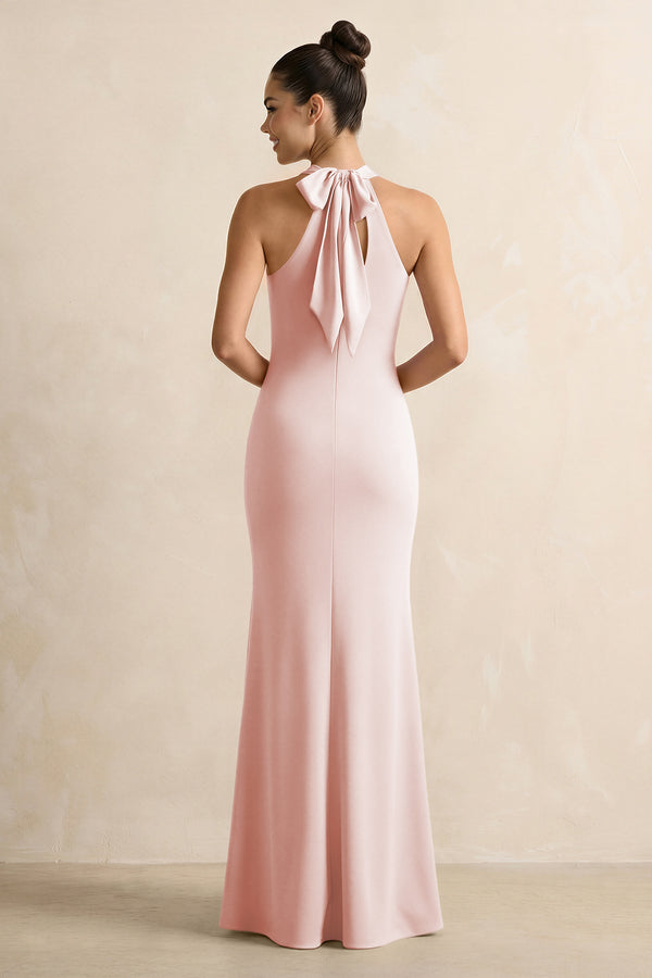 Crisscross Halter Sheath Chiffon Bridesmaid Dress with Bow in Rose Petal (2) | KISSBRIDAL