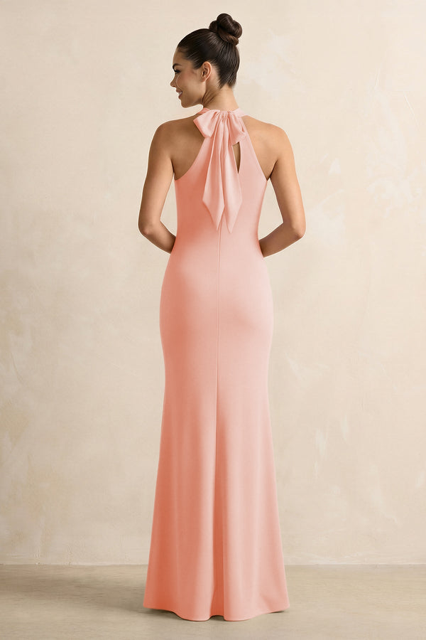 Crisscross Halter Sheath Chiffon Bridesmaid Dress with Bow in Rose Petal - SHE IS ME BRIDESMAID DRESSES