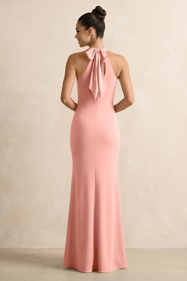 Crisscross Halter Sheath Chiffon Bridesmaid Dress with Bow in Rosette (2) | KISSBRIDAL