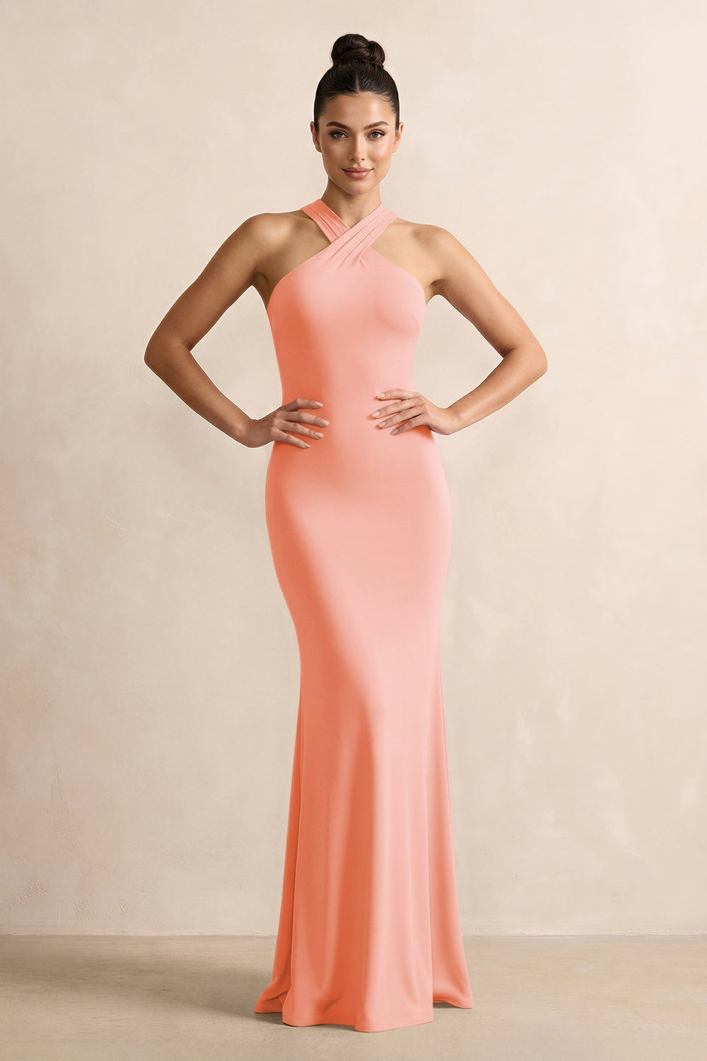 Crisscross Halter Sheath Chiffon Bridesmaid Dress with Bow in Rosette - SHE IS ME BRIDESMAID DRESSES