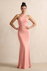 Crisscross Halter Sheath Chiffon Bridesmaid Dress with Bow in Rosette | KISSBRIDAL
