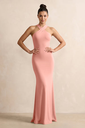 Crisscross Halter Sheath Chiffon Bridesmaid Dress with Bow in Rosette | KISSBRIDAL