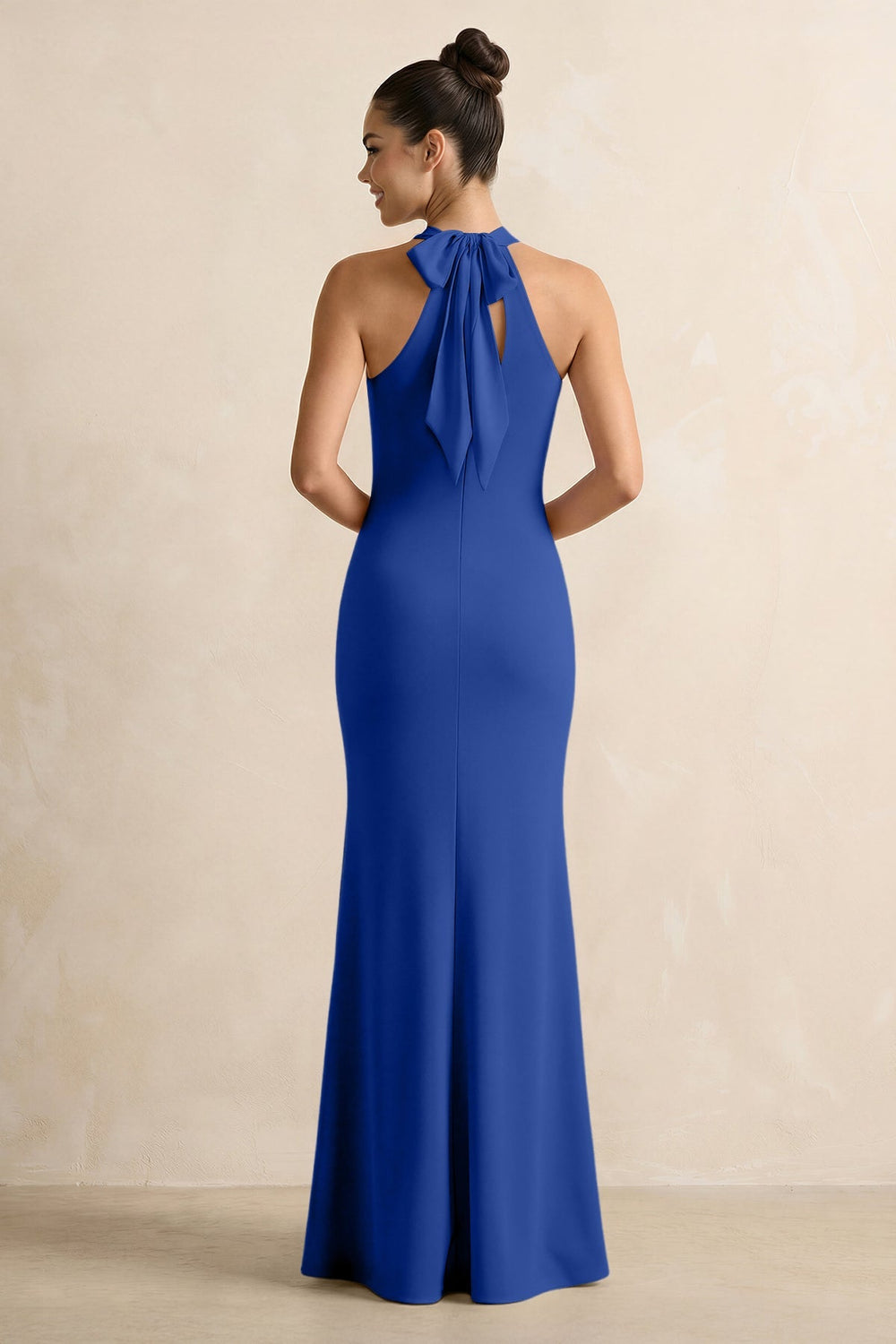Crisscross Halter Sheath Chiffon Bridesmaid Dress with Bow in Royal Blue - KISS BRIDAL BRIDESMAID DRESSES