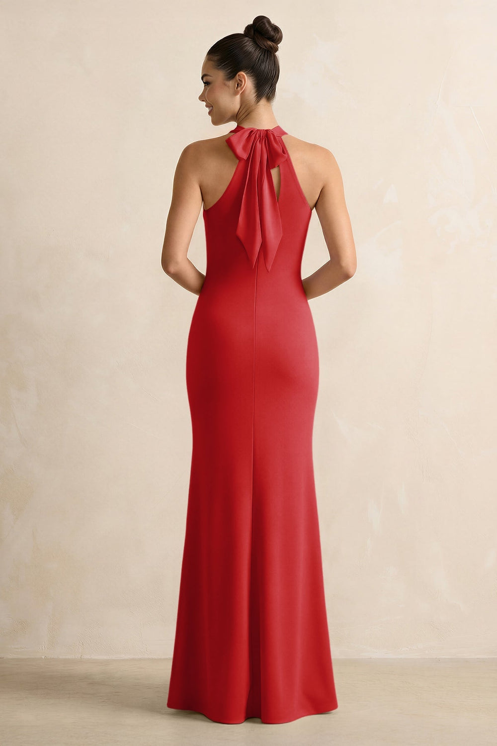 Crisscross Halter Sheath Chiffon Bridesmaid Dress with Bow in Ruby Red - KISS BRIDAL BRIDESMAID DRESSES