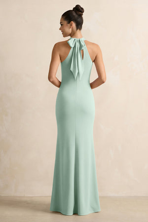 Crisscross Halter Sheath Chiffon Bridesmaid Dress with Bow in Sage (2) | KISSBRIDAL