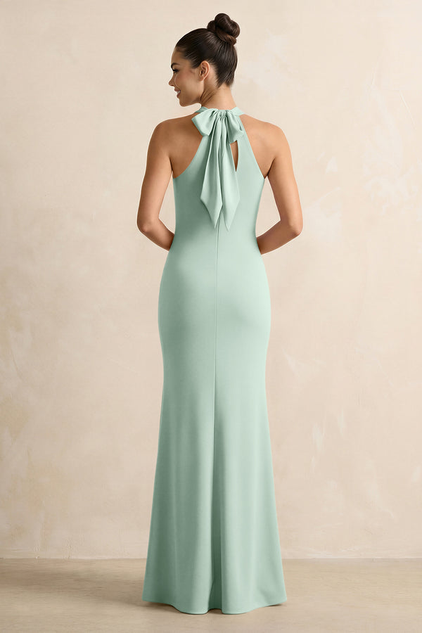 Crisscross Halter Sheath Chiffon Bridesmaid Dress with Bow in Sage (2) | KISSBRIDAL