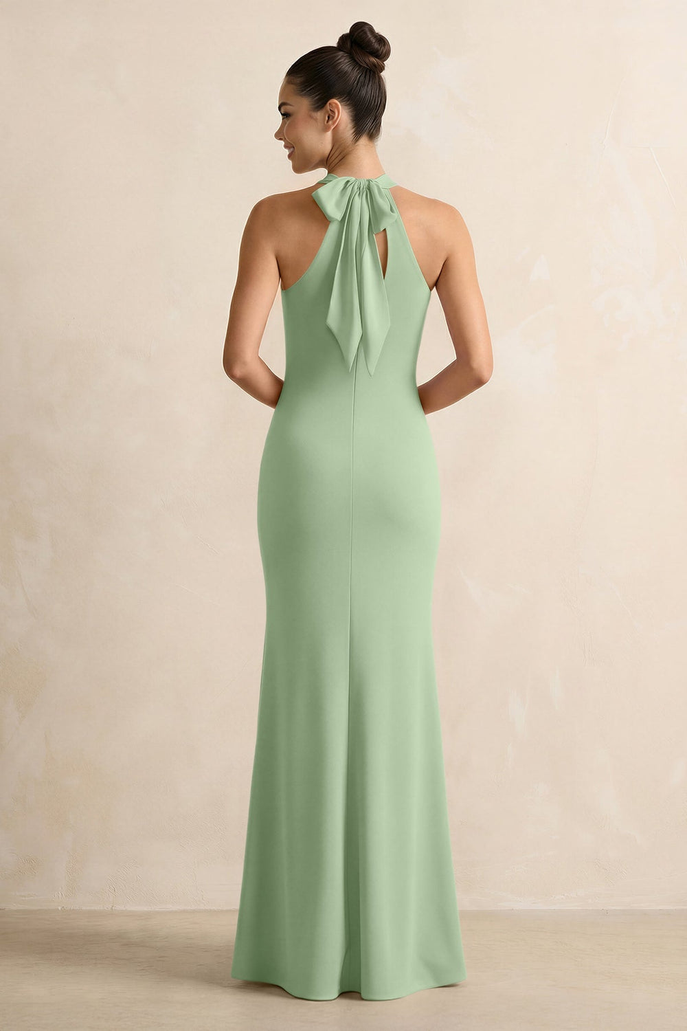 Crisscross Halter Sheath Chiffon Bridesmaid Dress with Bow in Sage - KISS BRIDAL BRIDESMAID DRESSES