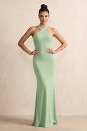Crisscross Halter Sheath Chiffon Bridesmaid Dress with Bow in Sage - SHE IS ME BRIDESMAID DRESSES