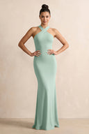 Crisscross Halter Sheath Chiffon Bridesmaid Dress with Bow in Sage | KISSBRIDAL