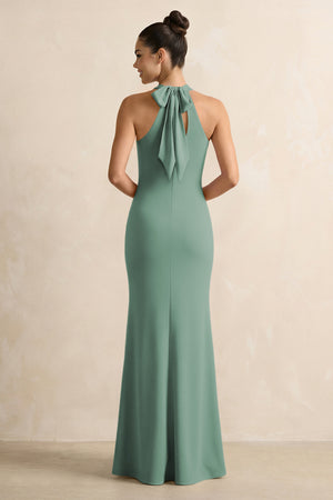 Crisscross Halter Sheath Chiffon Bridesmaid Dress with Bow in Sea Glass (2) | KISSBRIDAL