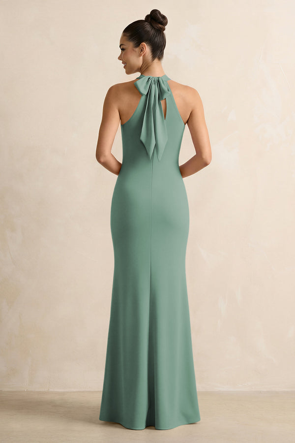 Crisscross Halter Sheath Chiffon Bridesmaid Dress with Bow in Sea Glass (2) | KISSBRIDAL