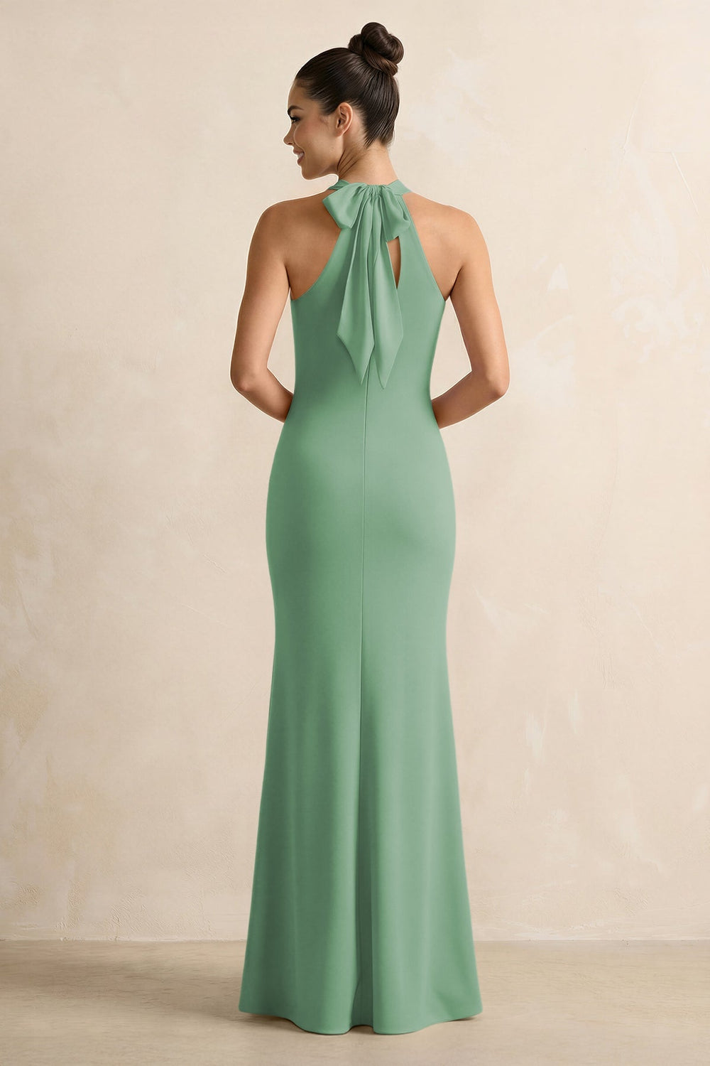 Crisscross Halter Sheath Chiffon Bridesmaid Dress with Bow in Sea Glass - KISS BRIDAL BRIDESMAID DRESSES