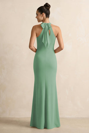 Crisscross Halter Sheath Chiffon Bridesmaid Dress with Bow in Sea Glass - SHE IS ME BRIDESMAID DRESSES