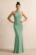 Crisscross Halter Sheath Chiffon Bridesmaid Dress with Bow in Sea Glass - SHE IS ME BRIDESMAID DRESSES