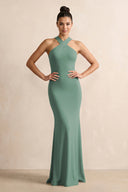 Crisscross Halter Sheath Chiffon Bridesmaid Dress with Bow in Sea Glass | KISSBRIDAL