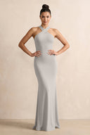 Crisscross Halter Sheath Chiffon Bridesmaid Dress with Bow in Silver - SHE IS ME BRIDESMAID DRESSES