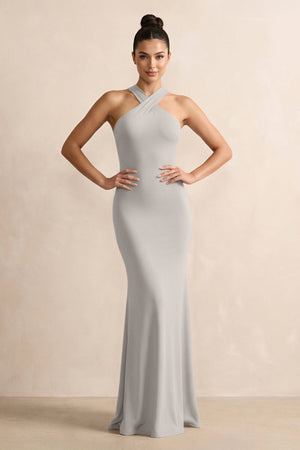 Crisscross Halter Sheath Chiffon Bridesmaid Dress with Bow in Silver - SHE IS ME BRIDESMAID DRESSES