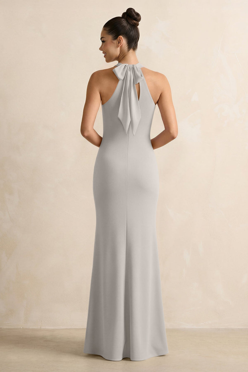 Crisscross Halter Sheath Chiffon Bridesmaid Dress with Bow in Silver - KISS BRIDAL BRIDESMAID DRESSES