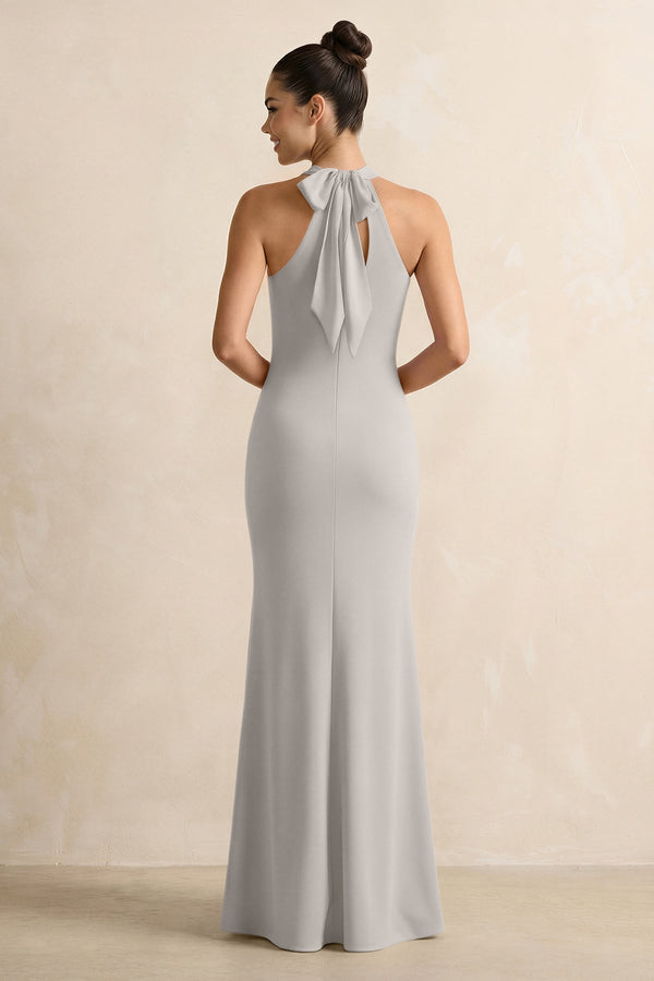 Crisscross Halter Sheath Chiffon Bridesmaid Dress with Bow in Silver - SHE IS ME BRIDESMAID DRESSES