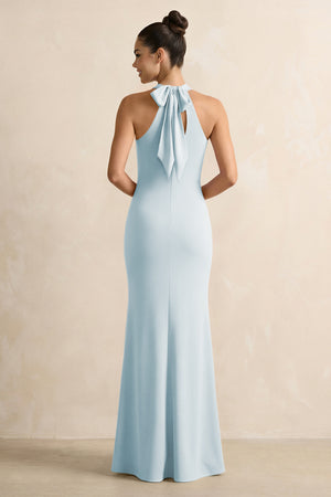 Crisscross Halter Sheath Chiffon Bridesmaid Dress with Bow in Sky Blue (2) | KISSBRIDAL