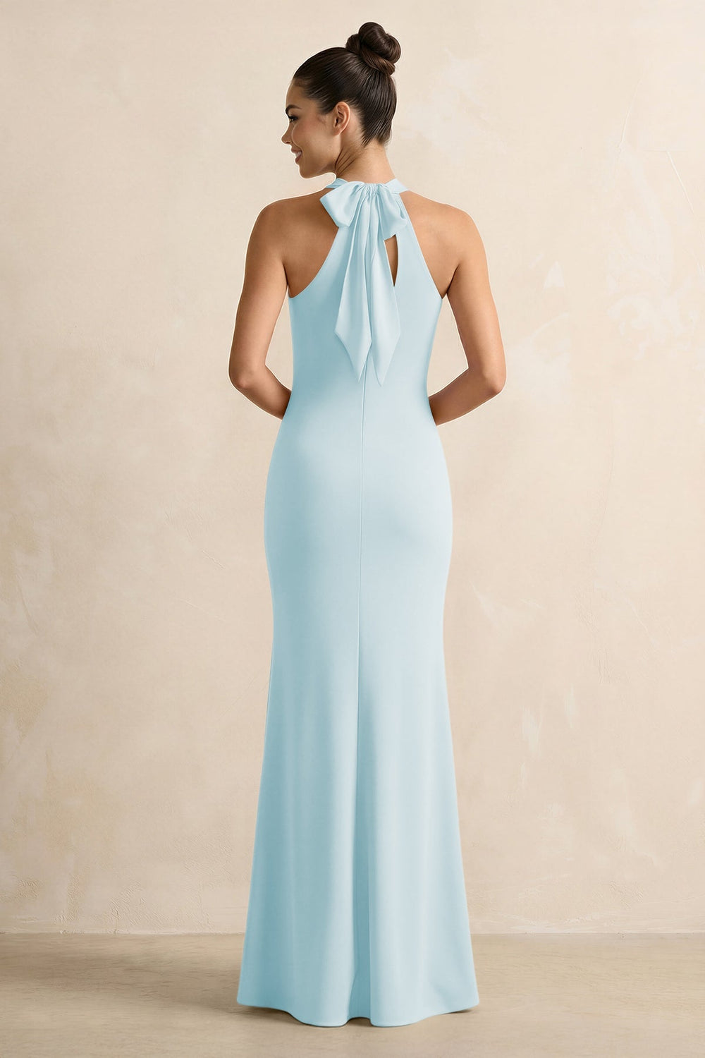 Crisscross Halter Sheath Chiffon Bridesmaid Dress with Bow in Sky Blue - KISS BRIDAL BRIDESMAID DRESSES