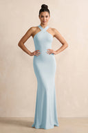 Crisscross Halter Sheath Chiffon Bridesmaid Dress with Bow in Sky Blue | KISSBRIDAL