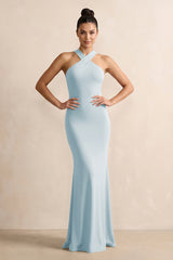 Crisscross Halter Sheath Chiffon Bridesmaid Dress with Bow in Sky Blue | KISSBRIDAL