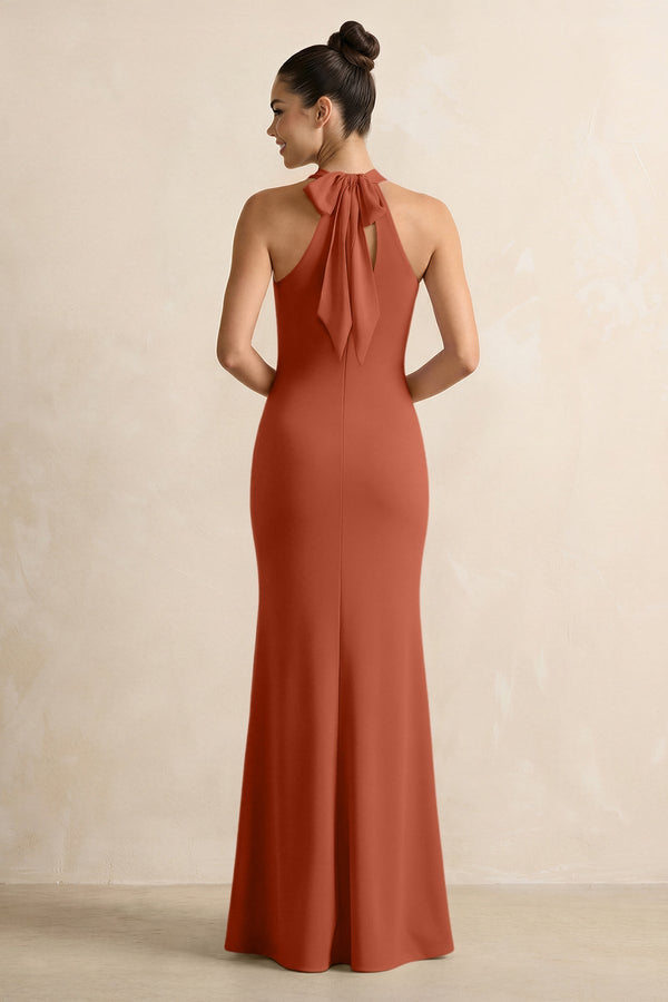 Crisscross Halter Sheath Chiffon Bridesmaid Dress with Bow in Spice - SHE IS ME BRIDESMAID DRESSES