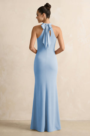 Crisscross Halter Sheath Chiffon Bridesmaid Dress with Bow in Steel Blue (2) | KISSBRIDAL