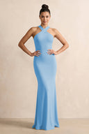 Crisscross Halter Sheath Chiffon Bridesmaid Dress with Bow in Steel Blue - SHE IS ME BRIDESMAID DRESSES