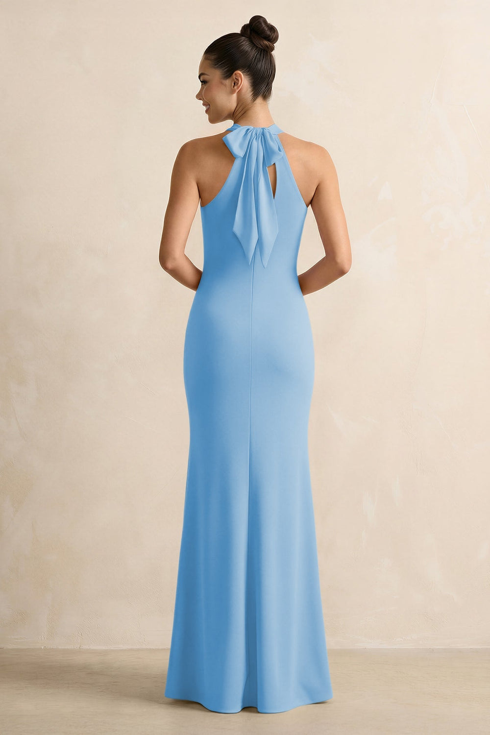 Crisscross Halter Sheath Chiffon Bridesmaid Dress with Bow in Steel Blue - KISS BRIDAL BRIDESMAID DRESSES