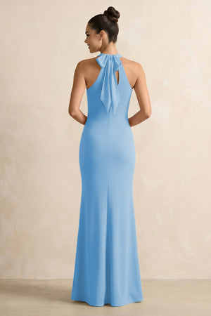 Crisscross Halter Sheath Chiffon Bridesmaid Dress with Bow in Steel Blue - SHE IS ME BRIDESMAID DRESSES