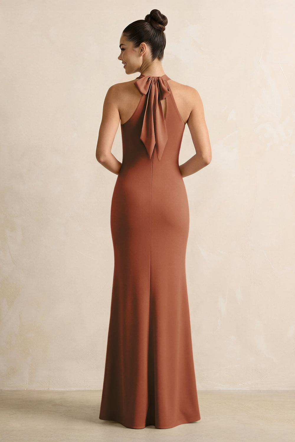 Crisscross Halter Sheath Chiffon Bridesmaid Dress with Bow in Terracotta