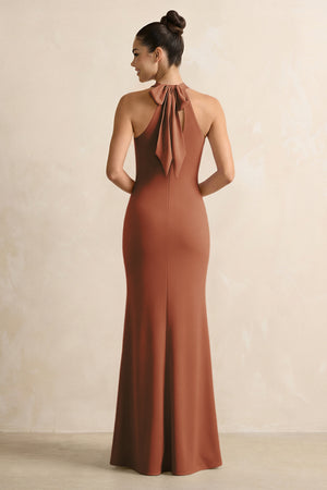Crisscross Halter Sheath Chiffon Bridesmaid Dress with Bow in Terracotta (2) | KISSBRIDAL