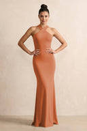 Crisscross Halter Sheath Chiffon Bridesmaid Dress with Bow in Terracotta - SHE IS ME BRIDESMAID DRESSES