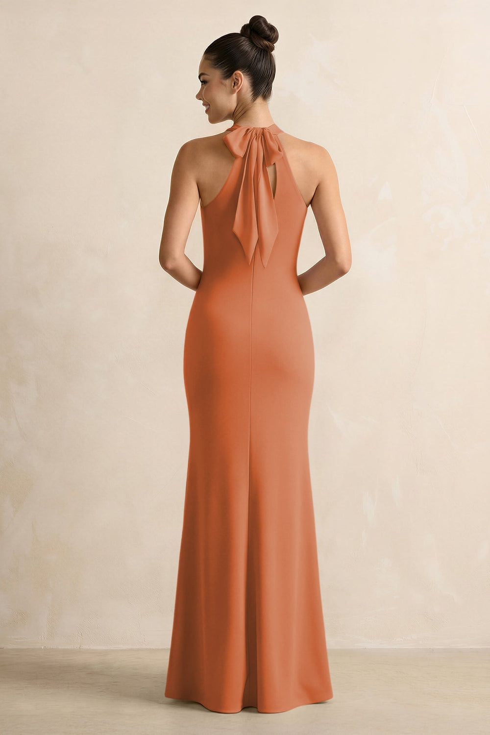 Crisscross Halter Sheath Chiffon Bridesmaid Dress with Bow in Terracotta - KISS BRIDAL BRIDESMAID DRESSES