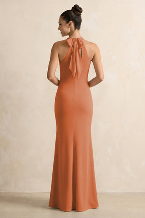 Crisscross Halter Sheath Chiffon Bridesmaid Dress with Bow in Terracotta - SHE IS ME BRIDESMAID DRESSES