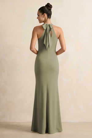 Crisscross Halter Sheath Chiffon Bridesmaid Dress with Bow in Thyme (2) | KISSBRIDAL