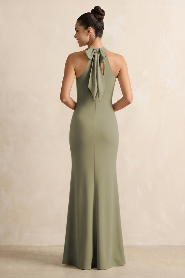 Crisscross Halter Sheath Chiffon Bridesmaid Dress with Bow in Thyme (2) | KISSBRIDAL